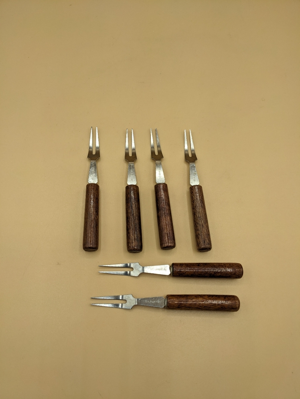 Vintage Mini Appetizer Forks Mid Century Modern Set Of 6 Wood Handles Stainless